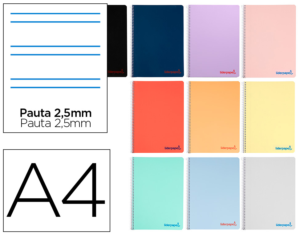 CUADERNO ESPIRAL LIDERPAPEL A4 WONDER TAPA PLASTICO 80H 90GR PAUTA ESTRECHA 2,5MM CON MARGEN COLORES SURTIDOS