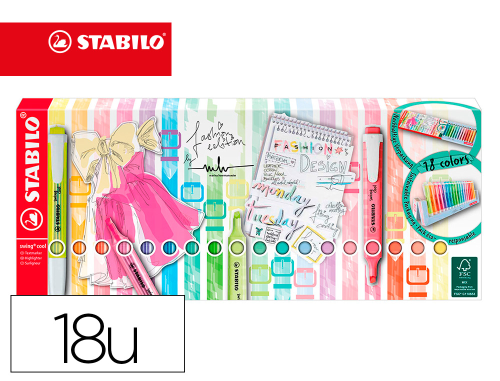 ROTULADOR STABILO FLUORESCENTE SWING COOL PASTEL DESKSET ESTUCHE DE 18 UNIDADES COLORES SURTIDOS