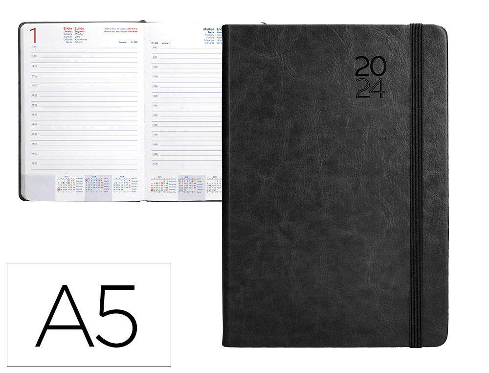 AGENDA ENCUADERNADA LIDERPAPEL MYKONOS 15X21 CM 2024 DIA PAGINA COLOR NEGRO PAPEL 70 GR