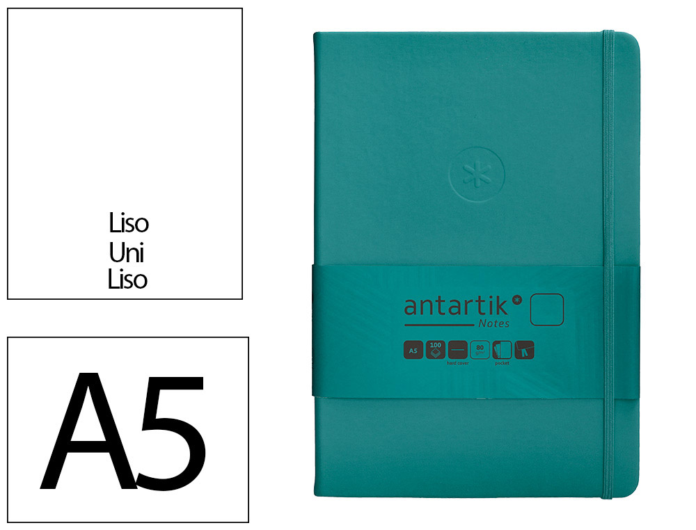 CUADERNO CON GOMILLA ANTARTIK NOTES TAPA DURA A5 HOJAS LISAS VERDE AGUAMARINA 100 HOJAS 80 GR FSC