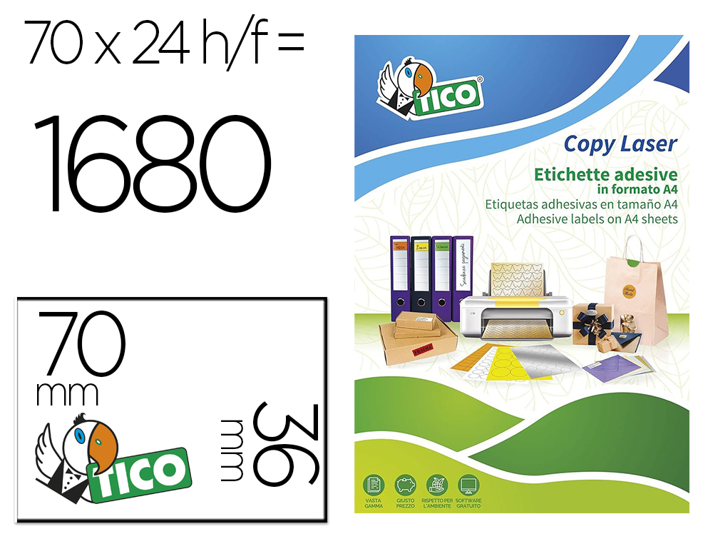 ETIQUETA ADHESIVA TICO ROJO FLUOR PERMANENTE FSC LASER/ INKJET/FOTOCOPIA 70X36 MM CAJA DE 1680 UNIDADES