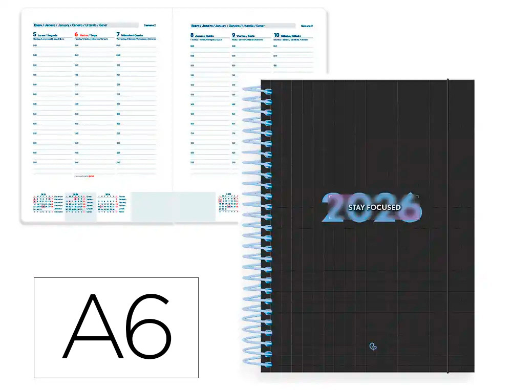 AGENDA ESPIRAL LIDERPAPEL KIMOLOS A6 2026 SEMANA VISTA FOCUS PAPEL 70 GR FSC