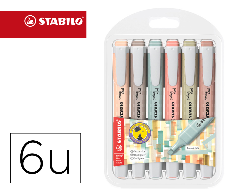 ROTULADOR STABILO FLUORESCENTE SWING COOL NATURE COLORS ESTUCHE DE 6 UNIDADES COLORES SURTIDOS