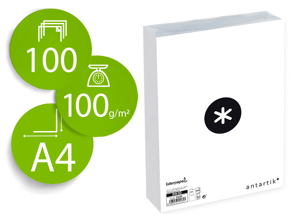PAPEL LIDERPAPEL A4 ANTARTIK 100G/M2 LISO BLANCO PAQUETE DE 100 HOJAS