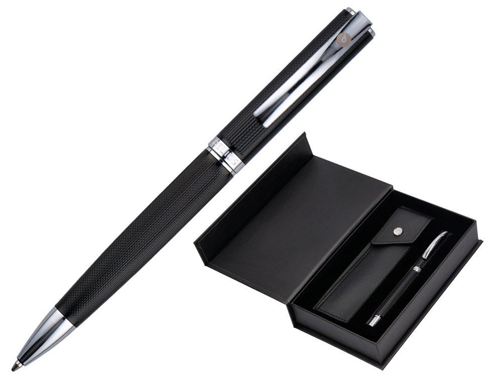 BOLIGRAFO Y ESTUCHE BELIUS TURBO ALUMINIO TEXTURA PUNTEADA NEGRO Y PLATEADO TINTA AZUL CAJA DE DISEO