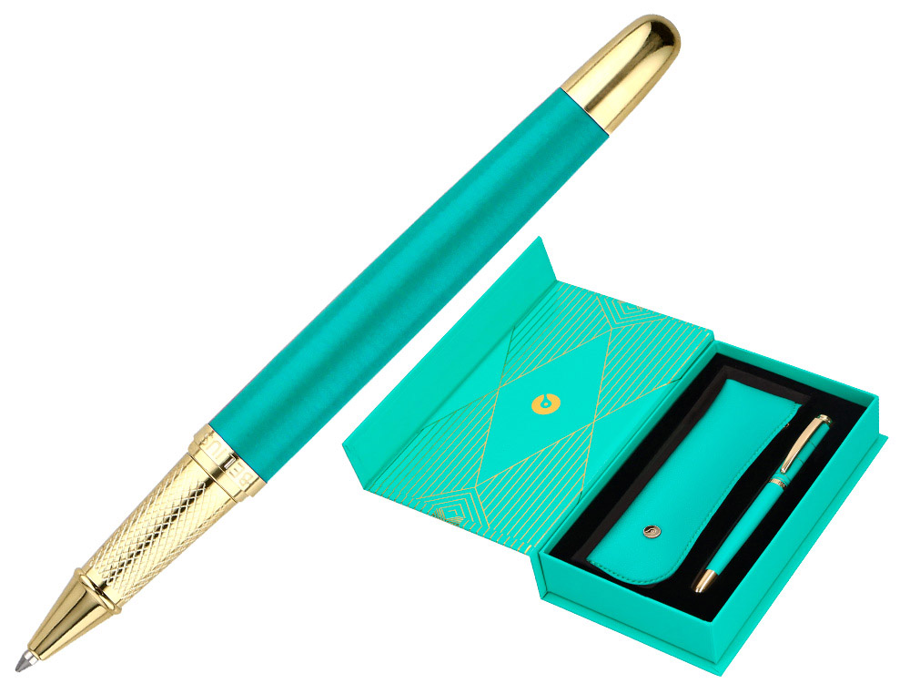 BOLIGRAFO Y ESTUCHE BELIUS SOIREE COLOR ART DECO TURQUESA Y DORADO TINTA AZUL CAJA DE DISEO