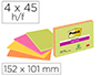 BLOC DE NOTAS ADHESIVAS QUITA Y PON POST-IT SUPER STICKY 152X101 MM CON 45 HOJAS PACK DE 4 UNIDADES COLORES NEON