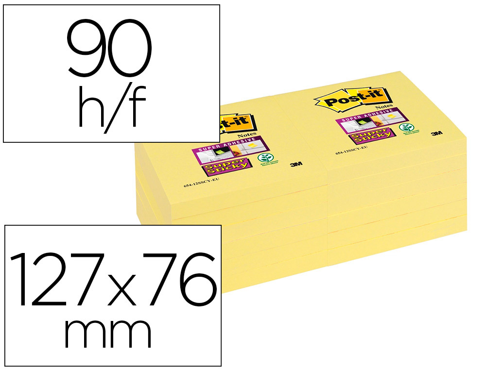 BLOC DE NOTAS ADHESIVAS QUITA Y PON POST-IT SUPER STICKY 76X127 MM CON 12 BLOC AMARILLO CANARIO
