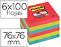 BLOC DE NOTAS ADHESIVAS QUITA Y PON POST-IT SUPER STICKY 76X76 MM CON 6 BLOC 2 ROJOS VERDE NEON AZUL